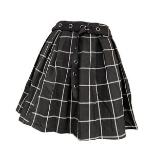 Hot Topic Plaid Black White Pleated Gingham Belt Skater Skirt